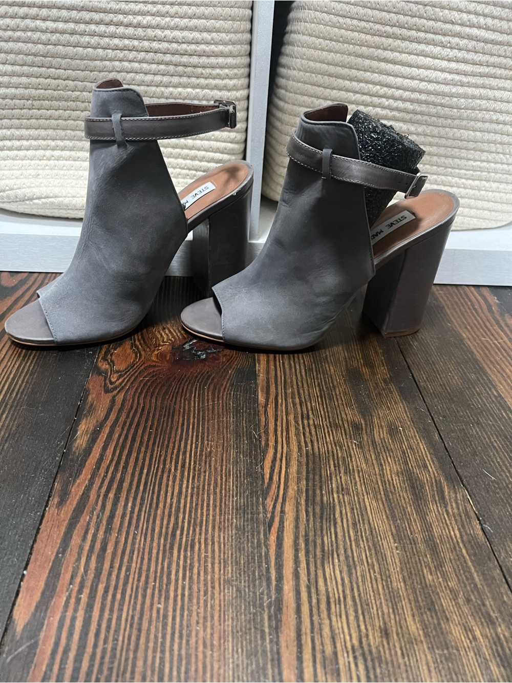 Steve Madden Gray Open-Toe Ankle Strap Block Heels